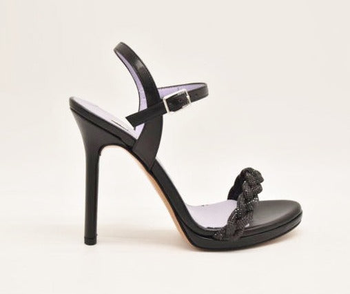 SANDALI NERI TRECCIA STRASS