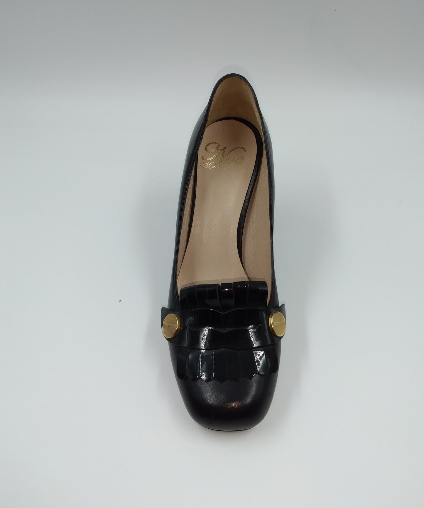 MOCASSINI NERO CON FRANGE TACCO QUADRATO