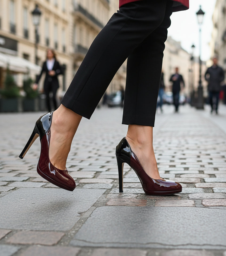 DECOLLETE PELLE VERNICE BORDEAUX E NERO