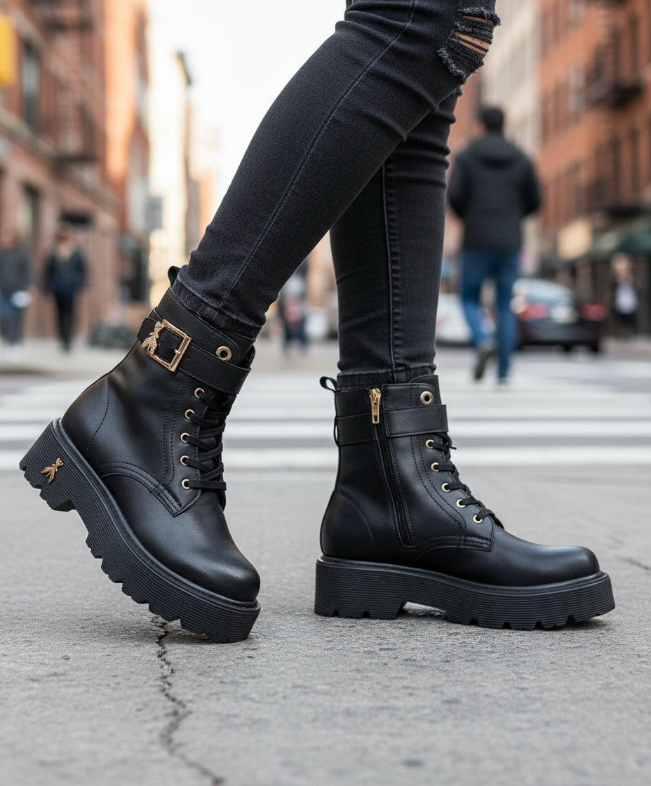 ANFIBI PELLE FIBBIA LOGO ORO PATRIZIA PEPE NERO