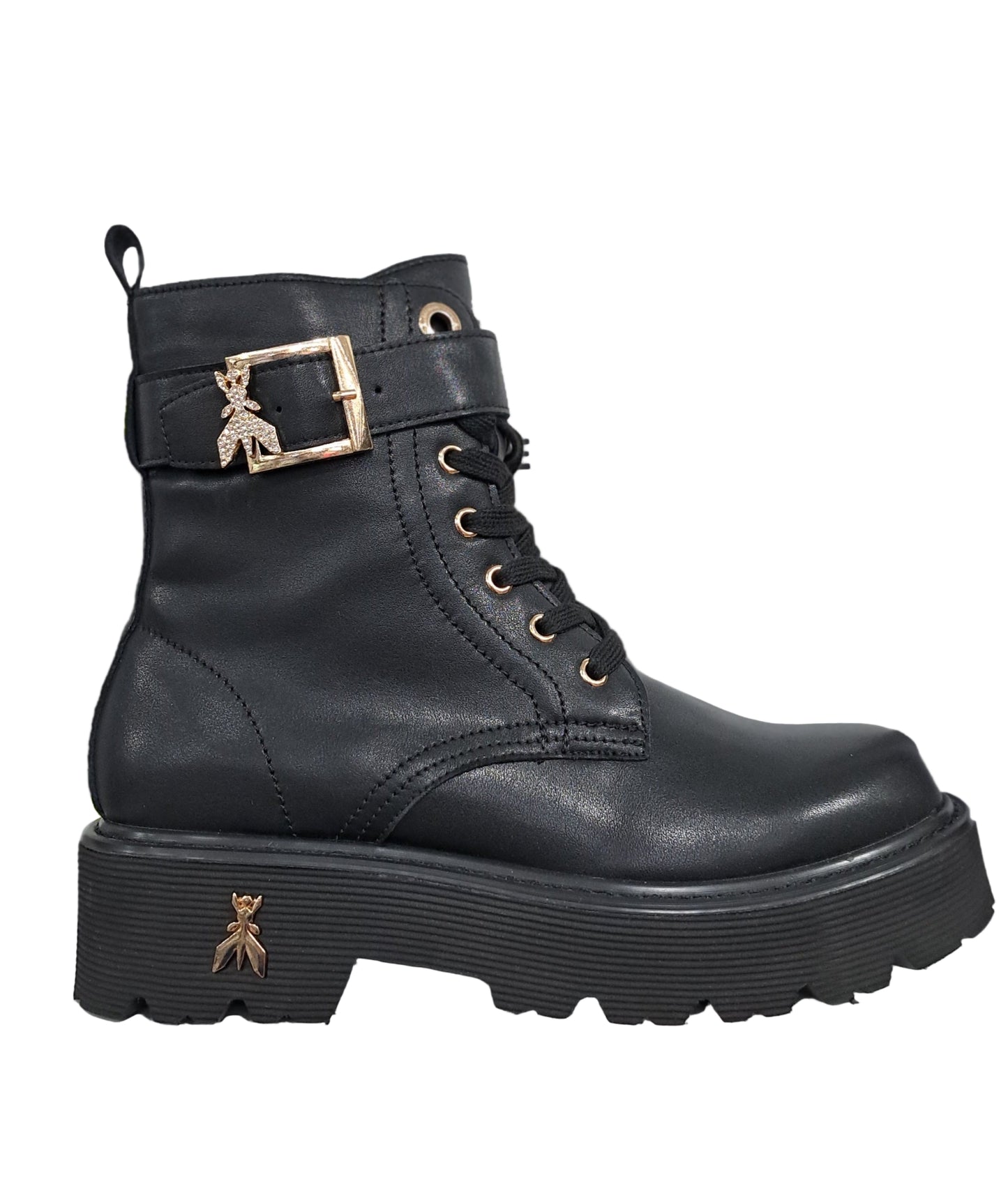 ANFIBI PELLE FIBBIA LOGO ORO PATRIZIA PEPE NERO