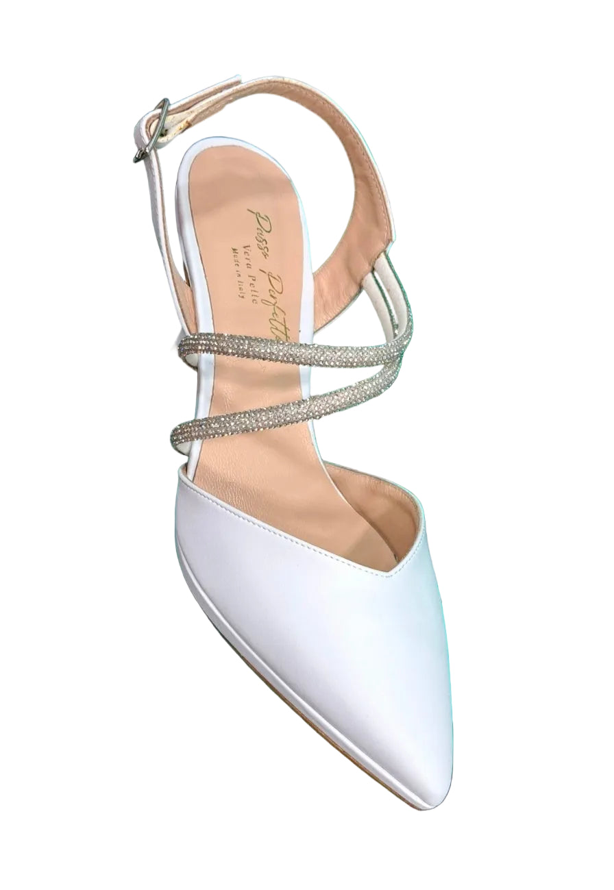 SANDALI SLINGBACK STRISCE STRASS PLATEAU BIANCO