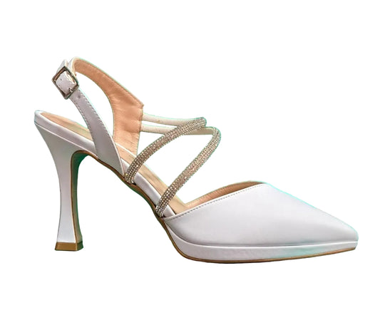 SANDALI SLINGBACK STRISCE STRASS PLATEAU BIANCO