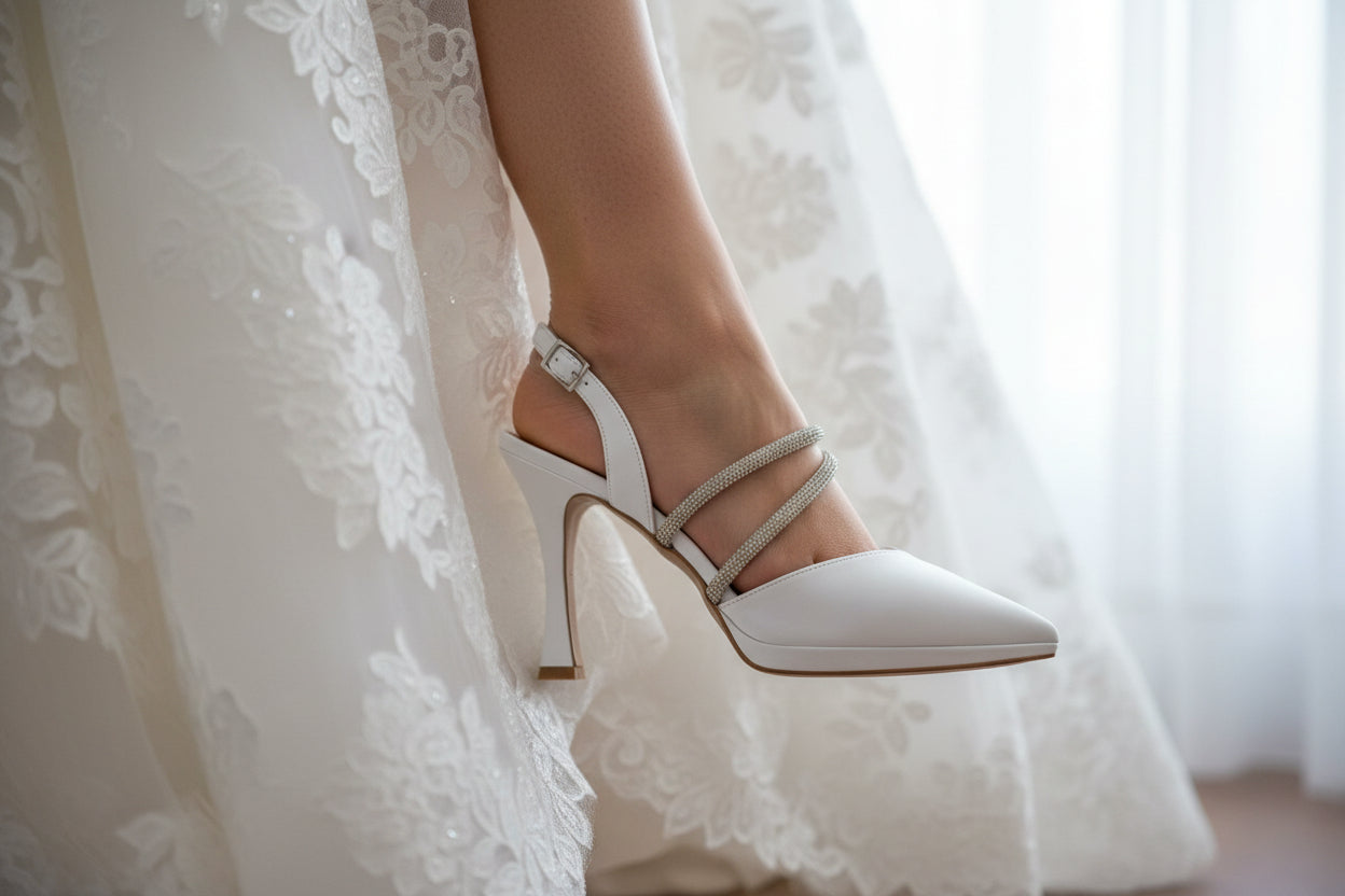 SANDALI SLINGBACK STRISCE STRASS PLATEAU BIANCO