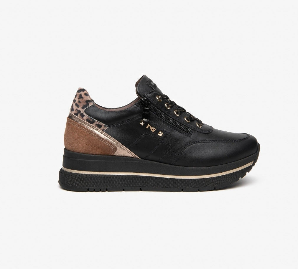 SNEAKERS PELLE NERA NEROGIARDINI ZIP DETTAGLIO ANIMALIER