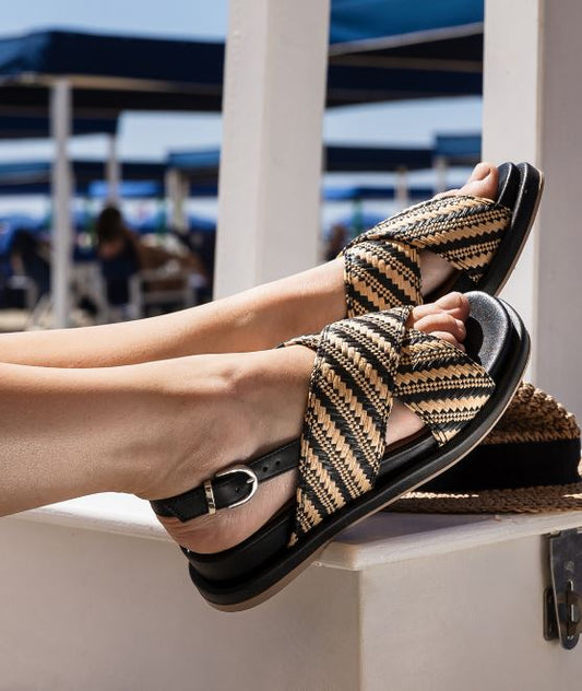 SANDALI RAFIA BICOLOR FASCE  LUCIANO BARACHINI NERO