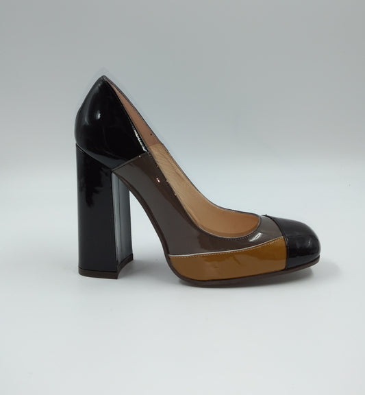 DECOLLETE PELLE VERNICE TRICOLOR STRISCIA TAUPE